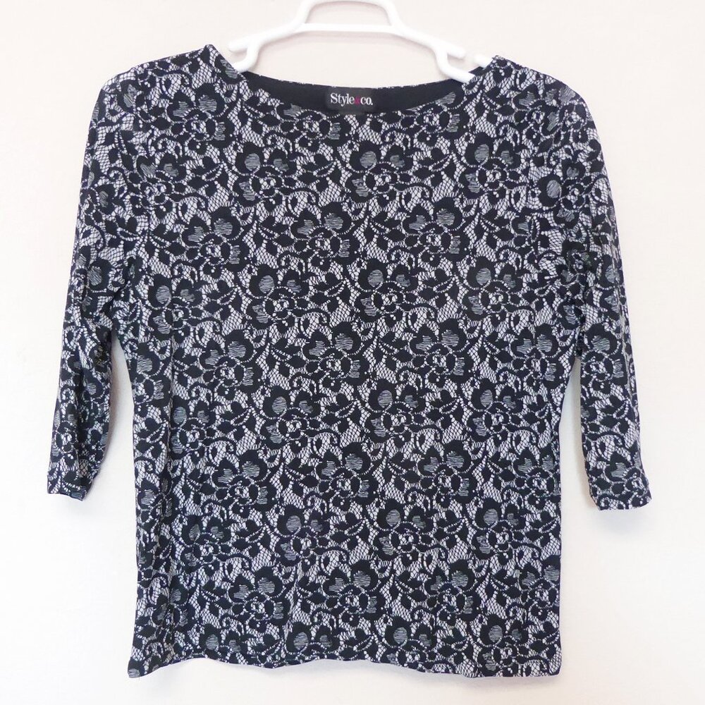 Style and co black and white printed lace top 3/4 sleeve women's size large